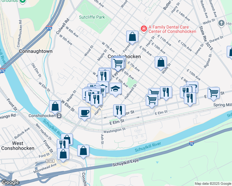 map of restaurants, bars, coffee shops, grocery stores, and more near 105 East 4th Avenue in Conshohocken