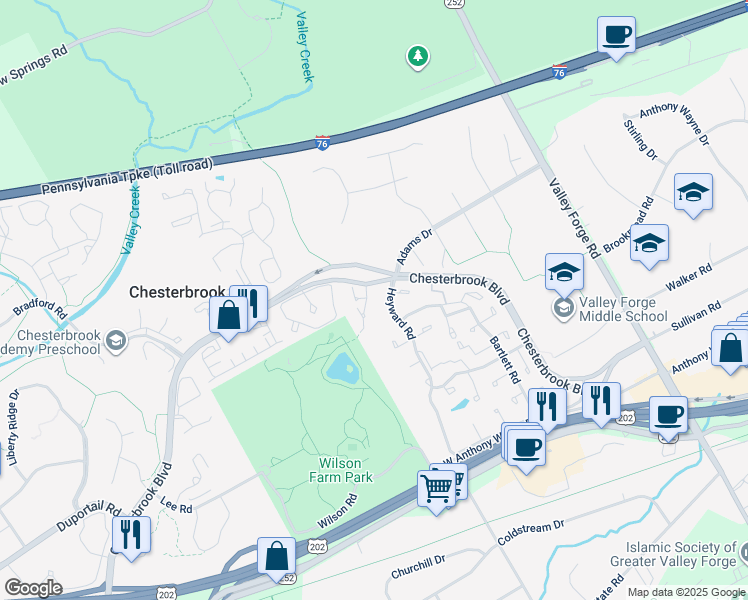 map of restaurants, bars, coffee shops, grocery stores, and more near 10 Elan Lane in Chesterbrook