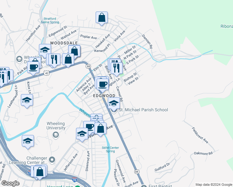 map of restaurants, bars, coffee shops, grocery stores, and more near 103 Carmel Road in Wheeling
