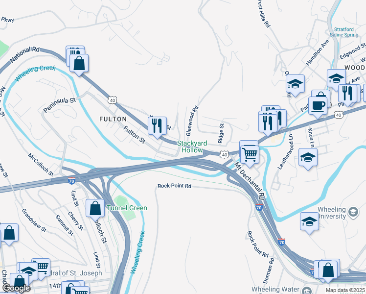 map of restaurants, bars, coffee shops, grocery stores, and more near 10-16 Merwin Street in Wheeling