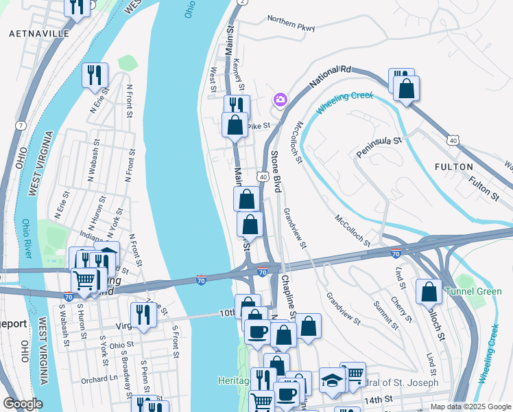 map of restaurants, bars, coffee shops, grocery stores, and more near 701 Market Street in Wheeling