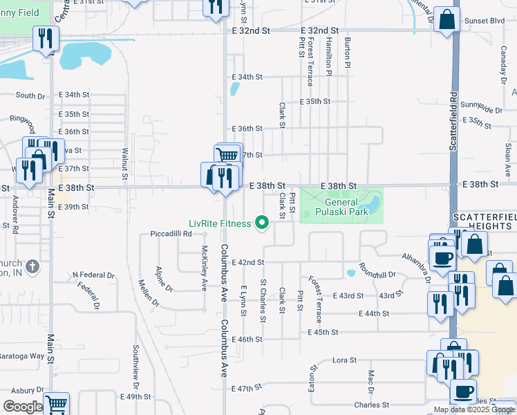 map of restaurants, bars, coffee shops, grocery stores, and more near 3903 Saint Charles Street in Anderson