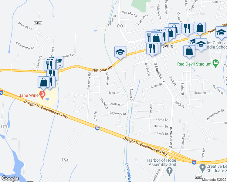 map of restaurants, bars, coffee shops, grocery stores, and more near 9 Iona Drive in Saint Clairsville