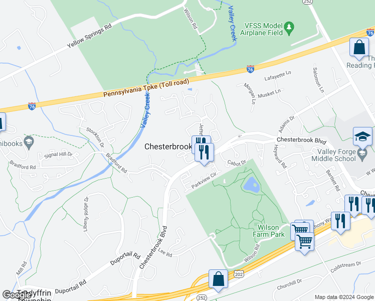 map of restaurants, bars, coffee shops, grocery stores, and more near 1010 Mountainview Drive in Chesterbrook