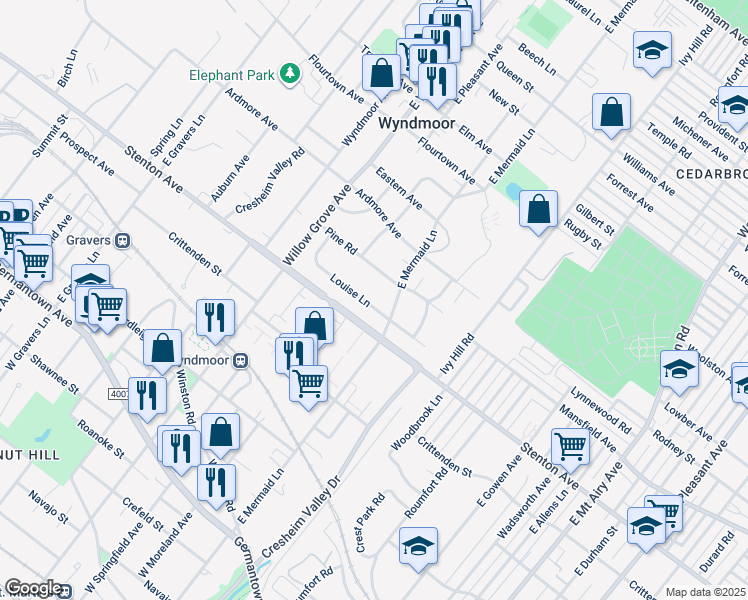 map of restaurants, bars, coffee shops, grocery stores, and more near 7805 Louise Lane in Wyndmoor