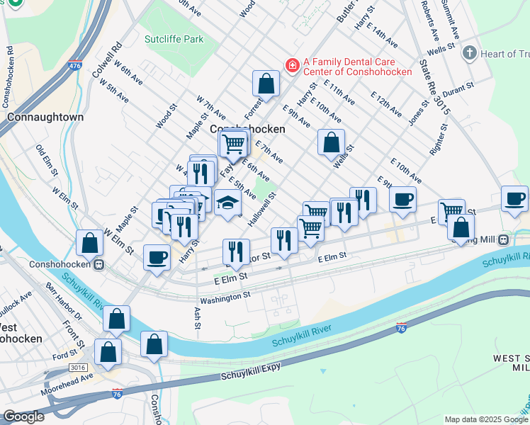 map of restaurants, bars, coffee shops, grocery stores, and more near 212 East 5th Avenue in Conshohocken