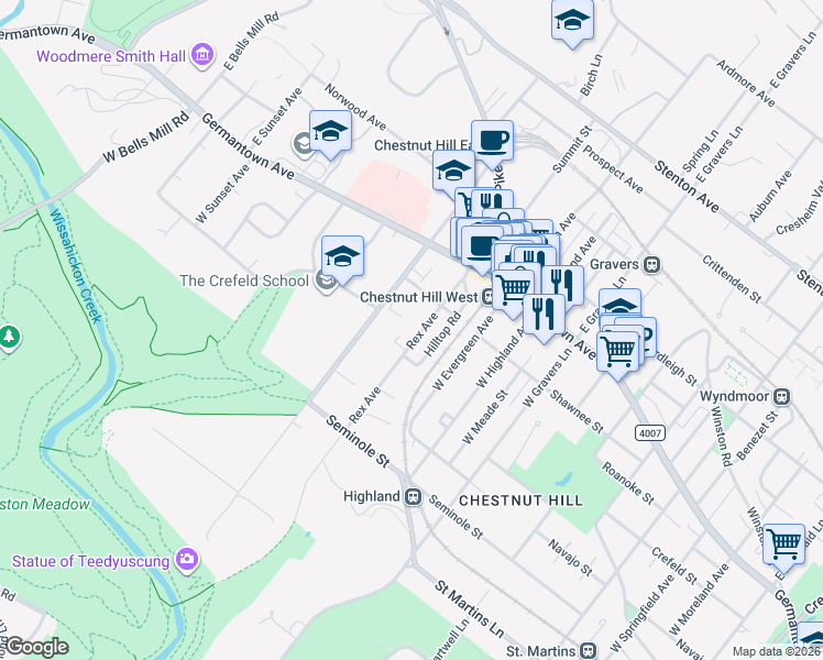 map of restaurants, bars, coffee shops, grocery stores, and more near 127 Rex Avenue in Philadelphia