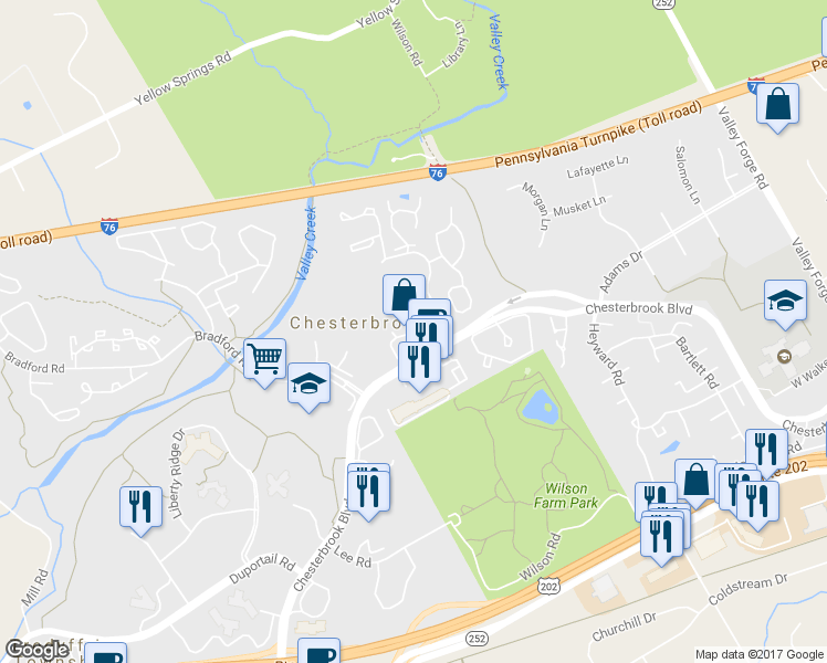 map of restaurants, bars, coffee shops, grocery stores, and more near 1303 Mountainview Drive in Wayne