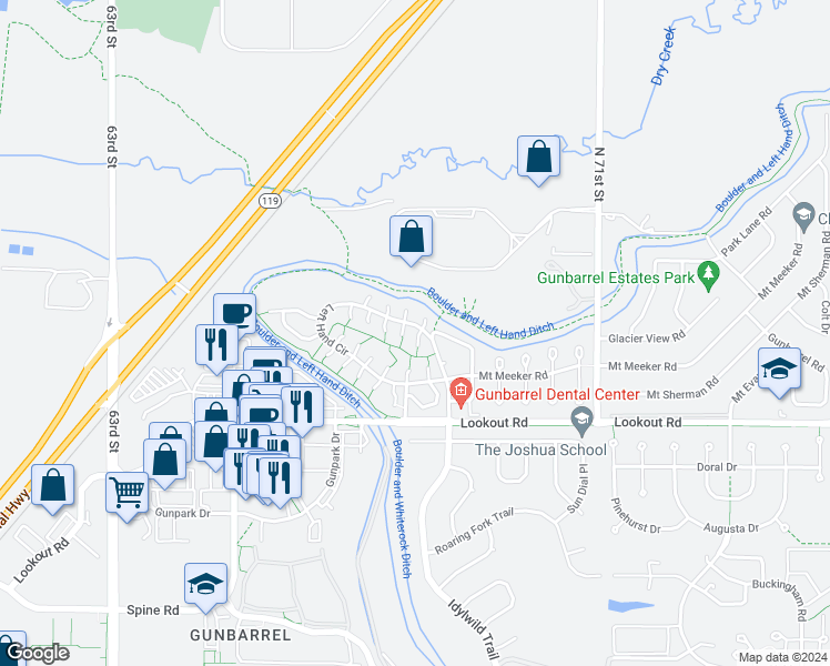 map of restaurants, bars, coffee shops, grocery stores, and more near 5693 Table Top Court in Boulder