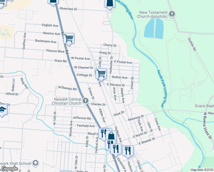 map of restaurants, bars, coffee shops, grocery stores, and more near 3 East Stevens Street in Newark