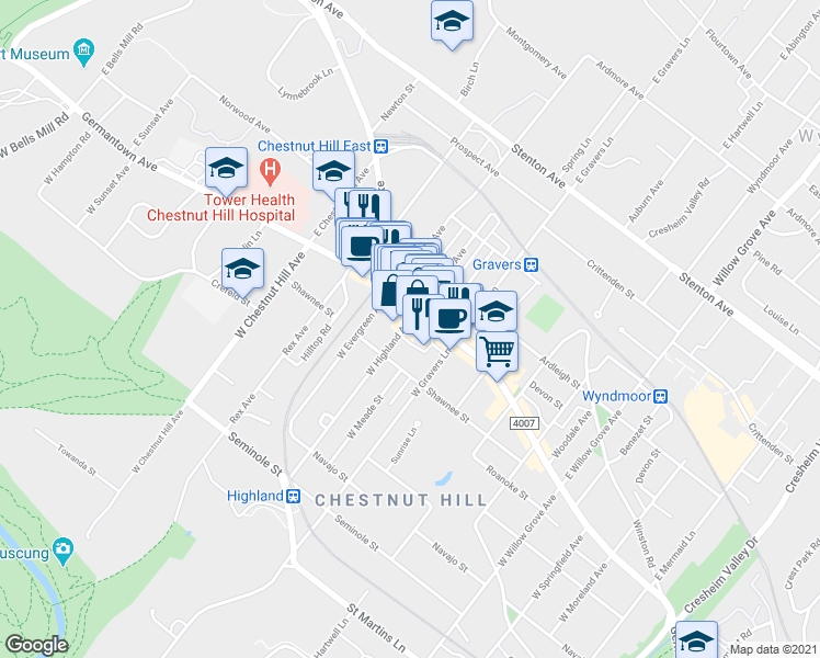 map of restaurants, bars, coffee shops, grocery stores, and more near 20 West Highland Avenue in Philadelphia