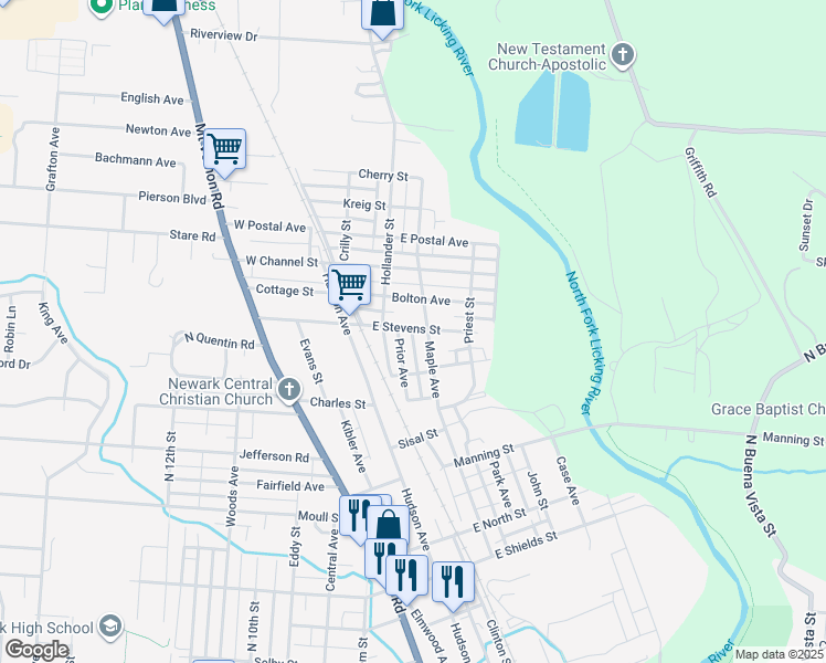 map of restaurants, bars, coffee shops, grocery stores, and more near 63 East Stevens Street in Newark