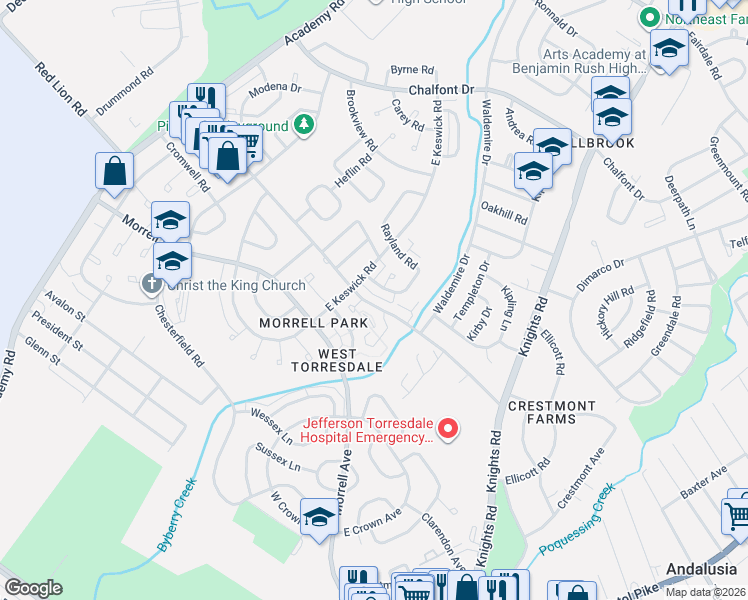 map of restaurants, bars, coffee shops, grocery stores, and more near 3619 Red Lion Road in Philadelphia