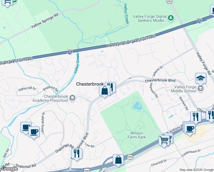 map of restaurants, bars, coffee shops, grocery stores, and more near 1405 Mountainview Drive in Chesterbrook
