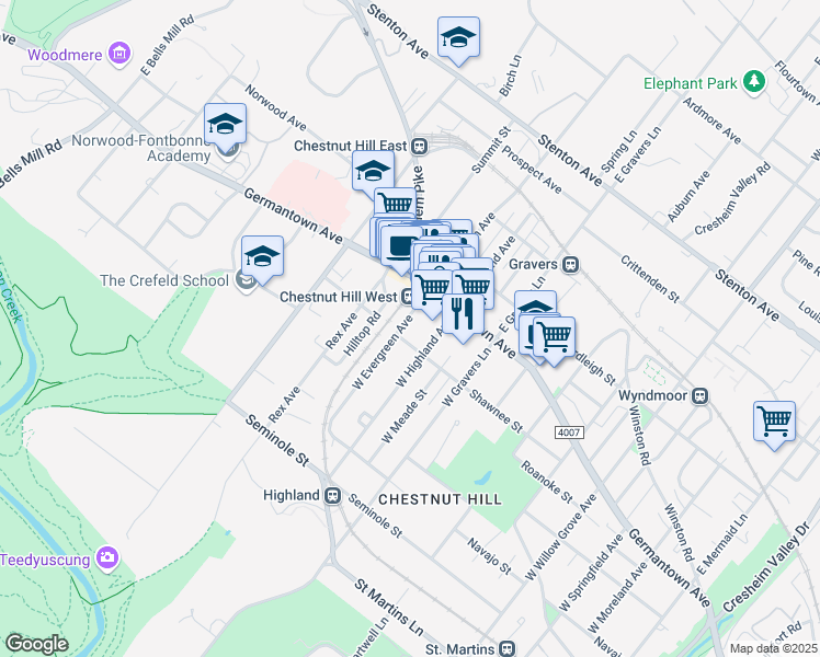 map of restaurants, bars, coffee shops, grocery stores, and more near 40 West Evergreen Avenue in Philadelphia
