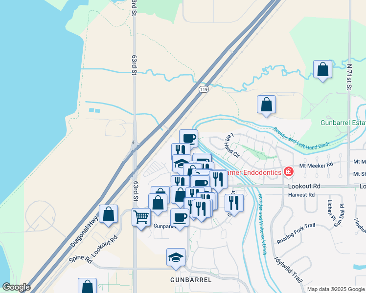 map of restaurants, bars, coffee shops, grocery stores, and more near 5581 Spine Road in Boulder