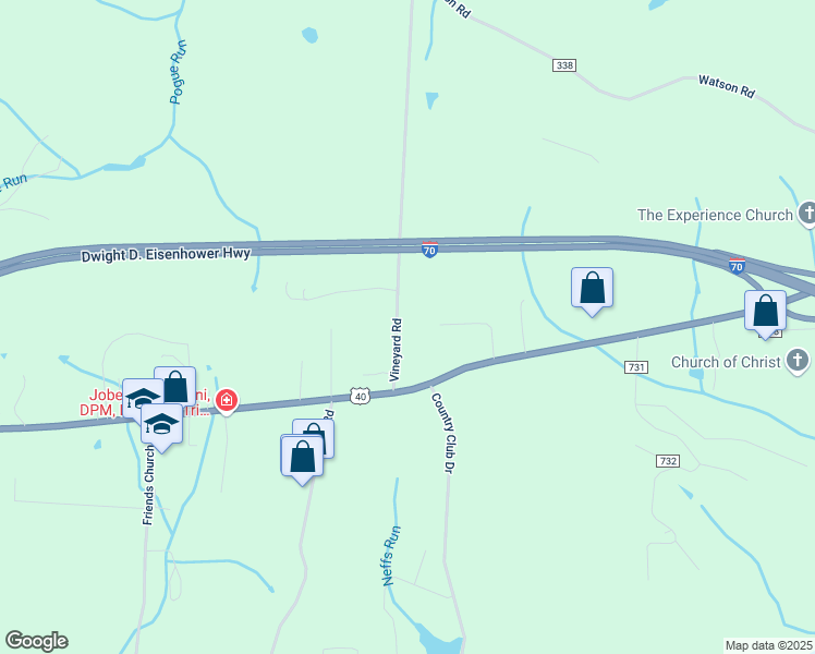 map of restaurants, bars, coffee shops, grocery stores, and more near 68121 Vineyard Road in St. Clairsville