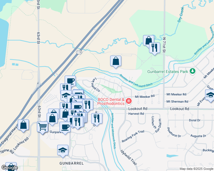 map of restaurants, bars, coffee shops, grocery stores, and more near 5637 Rim Rock Court in Boulder