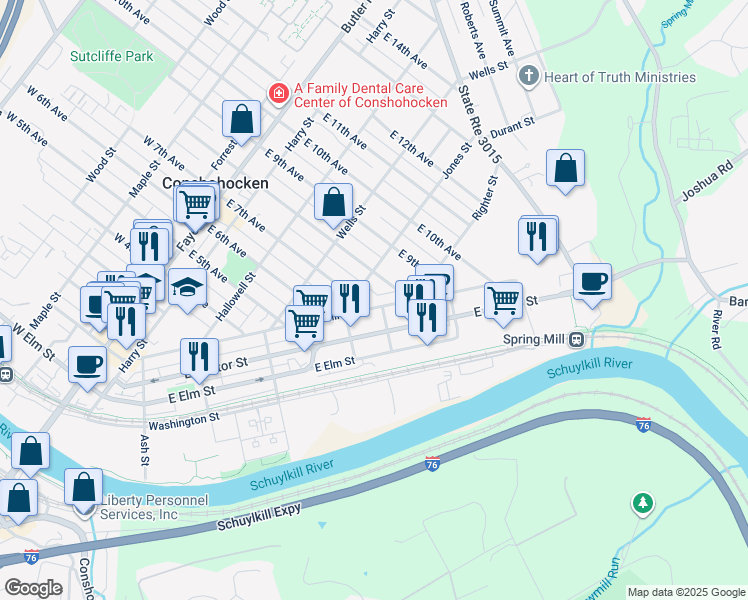 map of restaurants, bars, coffee shops, grocery stores, and more near 412 East 7th Avenue in Conshohocken
