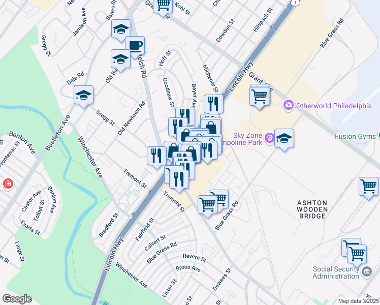 map of restaurants, bars, coffee shops, grocery stores, and more near 9195 East Roosevelt Boulevard in Philadelphia