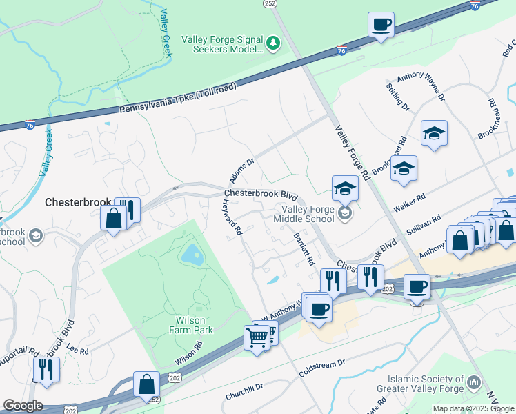 map of restaurants, bars, coffee shops, grocery stores, and more near 28 Stonehurst Court in Chesterbrook