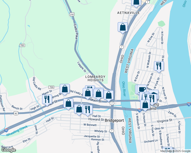 map of restaurants, bars, coffee shops, grocery stores, and more near 250 Cadiz Pike in Bridgeport