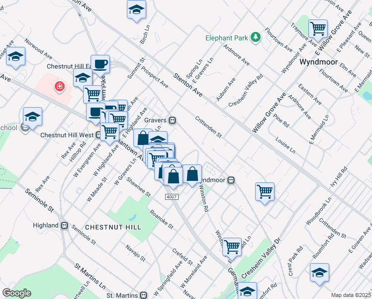 map of restaurants, bars, coffee shops, grocery stores, and more near 200 East Hartwell Lane in Philadelphia