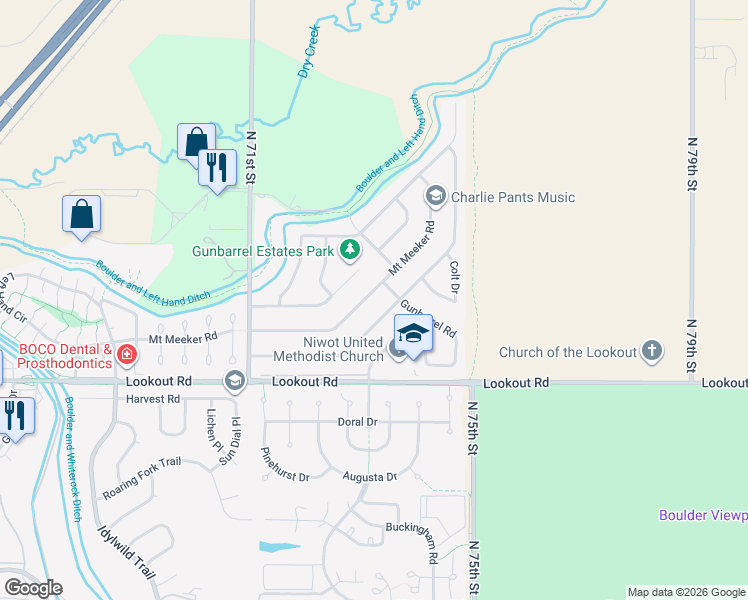 map of restaurants, bars, coffee shops, grocery stores, and more near 7330 Mount Meeker Road in Longmont