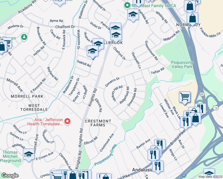 map of restaurants, bars, coffee shops, grocery stores, and more near 150 Hickory Hill Road in Philadelphia