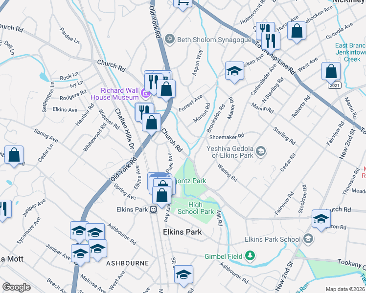map of restaurants, bars, coffee shops, grocery stores, and more near 506 Stahr Road in Elkins Park