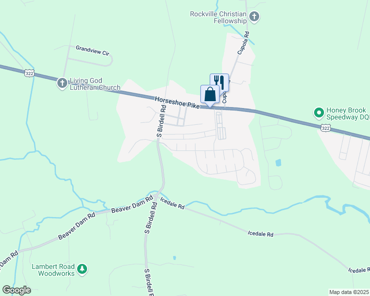 map of restaurants, bars, coffee shops, grocery stores, and more near 6 Buck Court in Honey Brook