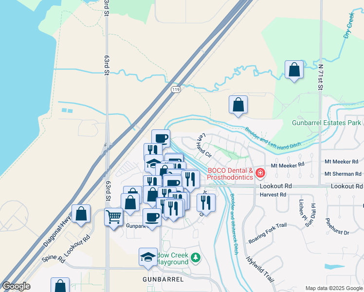 map of restaurants, bars, coffee shops, grocery stores, and more near 6658 Drew Ranch Lane in Boulder