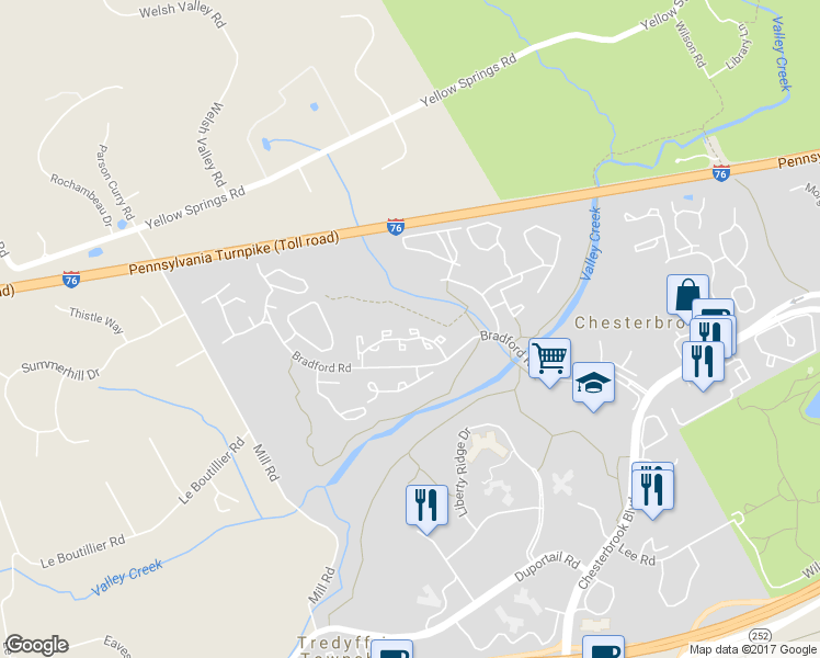 map of restaurants, bars, coffee shops, grocery stores, and more near 85 Bunker Hill Court in Chesterbrook