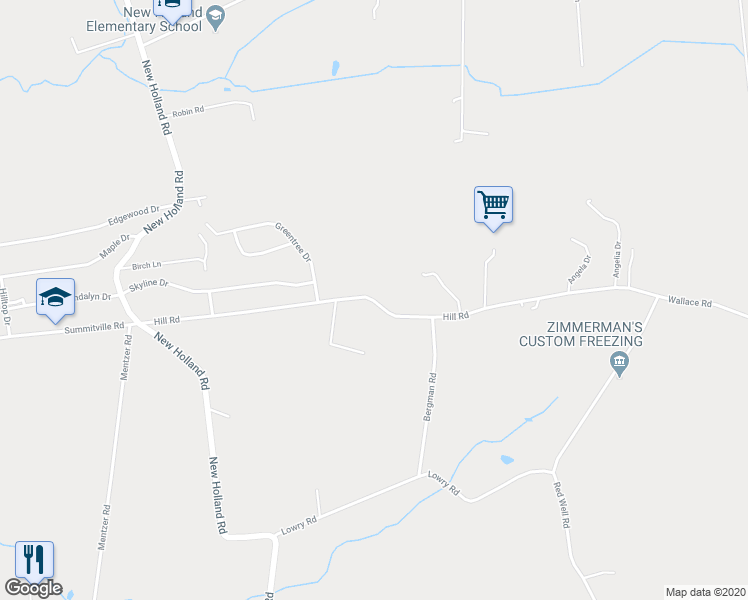 map of restaurants, bars, coffee shops, grocery stores, and more near 223 Hill Road in New Holland