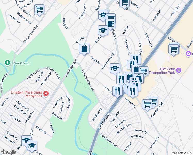 map of restaurants, bars, coffee shops, grocery stores, and more near 9119 Old Newtown Road in Philadelphia