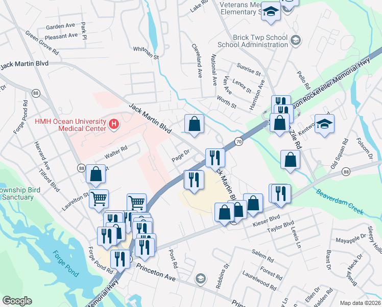 map of restaurants, bars, coffee shops, grocery stores, and more near 1010 Falkenberg Road in Brick Township