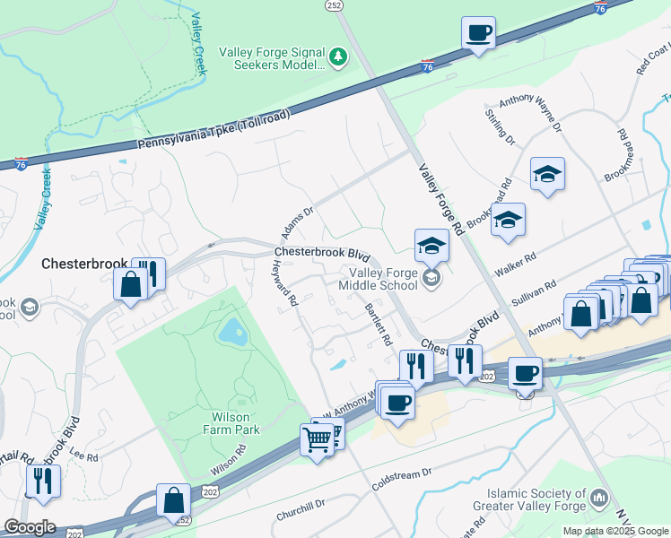 map of restaurants, bars, coffee shops, grocery stores, and more near 1 Windsor Circle in Chesterbrook