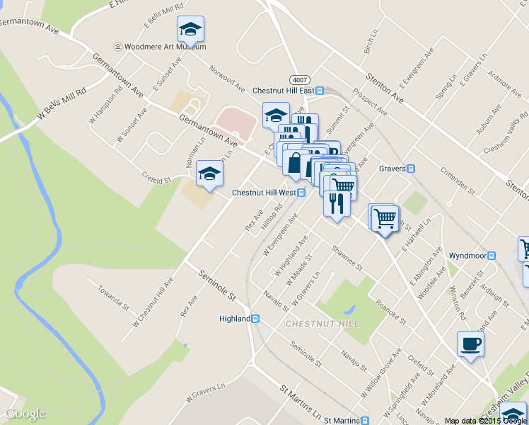 map of restaurants, bars, coffee shops, grocery stores, and more near 112 Rex Avenue in Philadelphia
