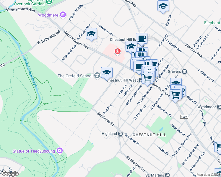 map of restaurants, bars, coffee shops, grocery stores, and more near 140 West Chestnut Hill Avenue in Philadelphia