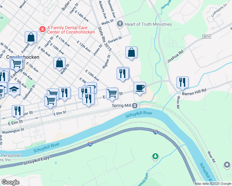 map of restaurants, bars, coffee shops, grocery stores, and more near 1032 East Hector Street in Conshohocken
