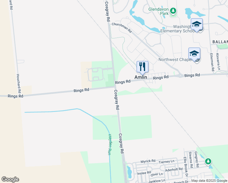 map of restaurants, bars, coffee shops, grocery stores, and more near 5441 Cosgray Road in Dublin