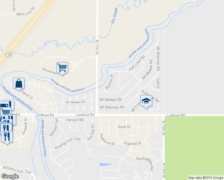 map of restaurants, bars, coffee shops, grocery stores, and more near 7199 Glacier View Road in Longmont