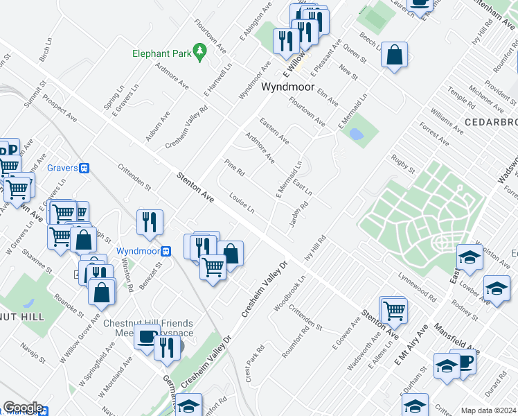 map of restaurants, bars, coffee shops, grocery stores, and more near 7805 Louise Lane in Wyndmoor