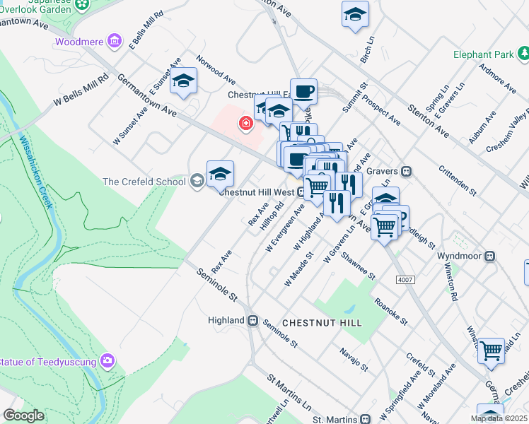 map of restaurants, bars, coffee shops, grocery stores, and more near 115 Hilltop Road in Philadelphia