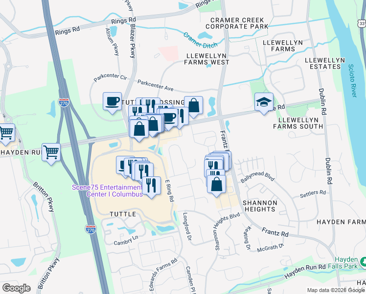 map of restaurants, bars, coffee shops, grocery stores, and more near 6073 O'Sweeney Lane in Columbus