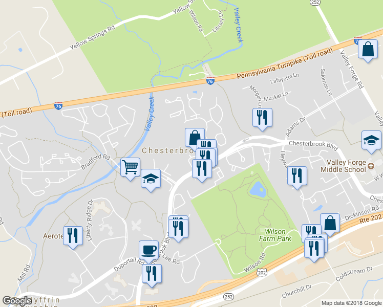 map of restaurants, bars, coffee shops, grocery stores, and more near 1010 Mountainview Drive in Chesterbrook