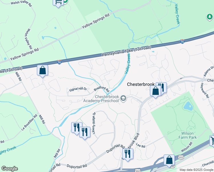 map of restaurants, bars, coffee shops, grocery stores, and more near 17 Rampart Drive in Chesterbrook