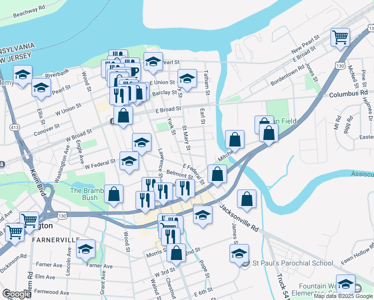 map of restaurants, bars, coffee shops, grocery stores, and more near 450 Saint Mary Street in Burlington
