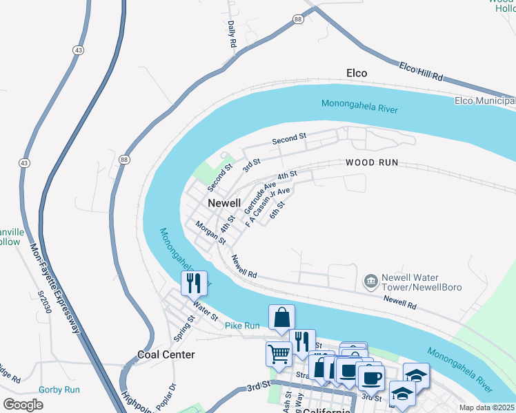 map of restaurants, bars, coffee shops, grocery stores, and more near 411 F A Cassin Junior Avenue in Newell