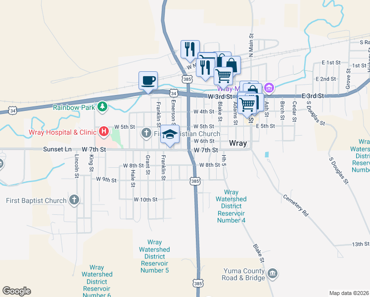 map of restaurants, bars, coffee shops, grocery stores, and more near 521 West 7th Street in Wray